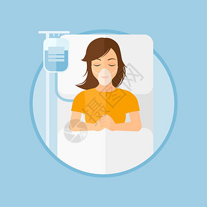 躺床上的女人躺在病床上戴着氧气面罩输液的女青年卡通矢量插画插画