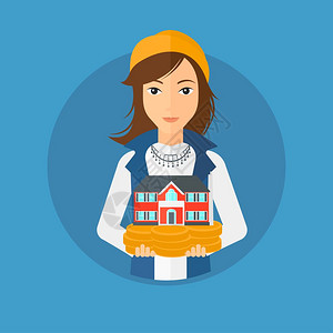 拿着房模型的房地产女代理人卡通矢量插画图片素材