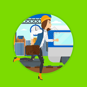 拿着公文包追赶火车的妇女卡通矢量插画图片素材