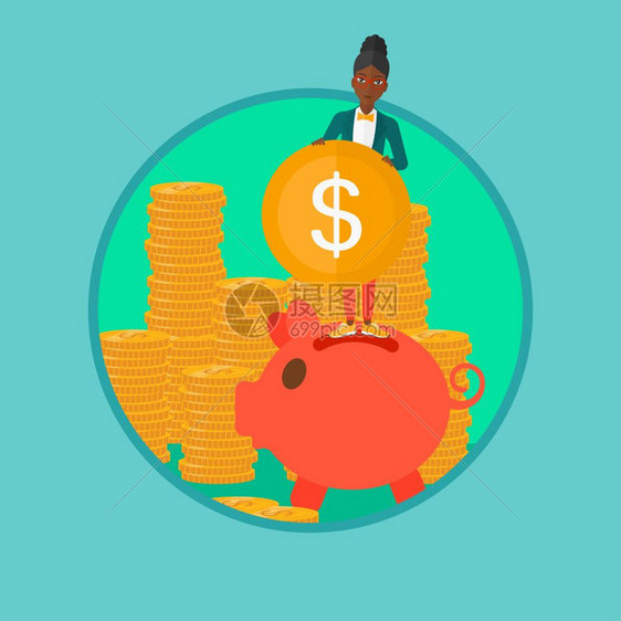 站在小猪存钱罐上存钱的非洲女商人卡通矢量插画图片