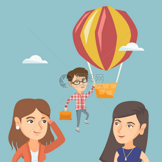 两名女人看着手提公文包的女人挂在热气球上卡通图图片