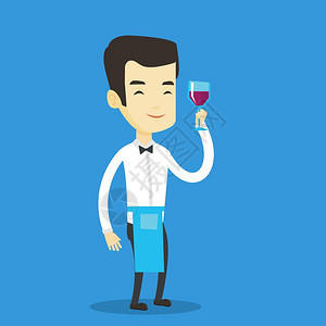 握着一杯葡萄酒的亚洲男酒保卡通矢量插画图片