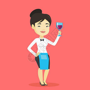 握着一杯葡萄酒的亚洲女酒保卡通矢量插画图片
