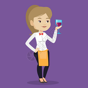 手相握握着一杯葡萄酒的男酒保卡通矢量插画插画