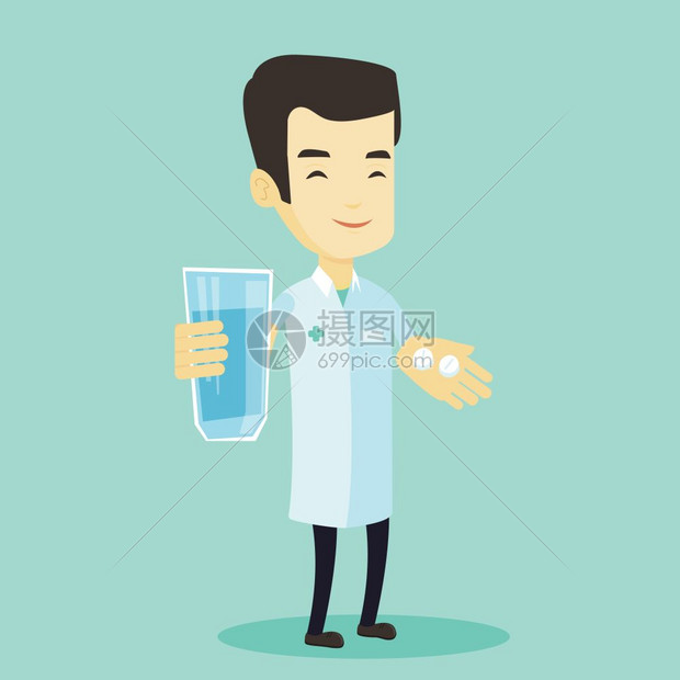 年轻友好的药剂师拿着一杯水和药丸图片