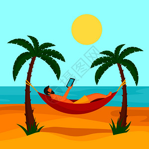 男人在海滩的吊床上玩平板电脑卡通插画图片