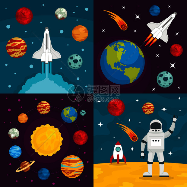 宇航员登上火箭遨游太空着陆星球卡通矢量图图片