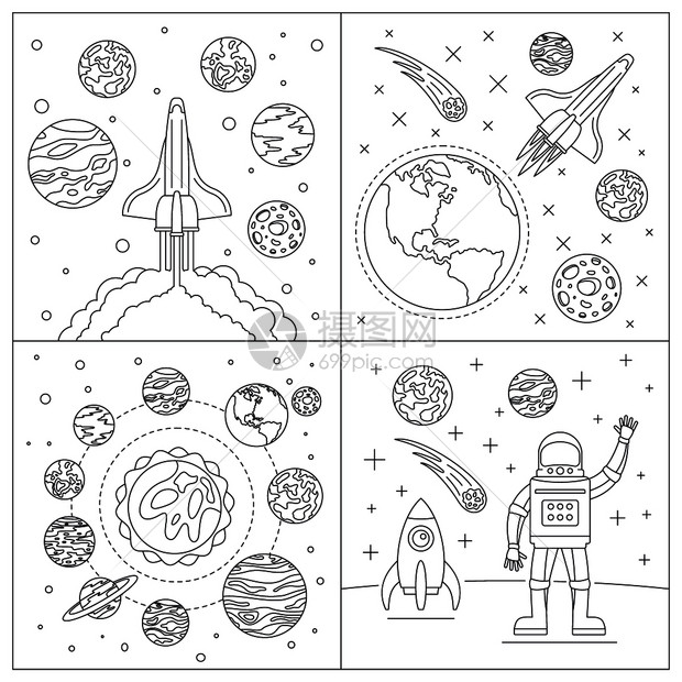 宇航员登上火箭遨游太空着陆星球线稿矢量图图片