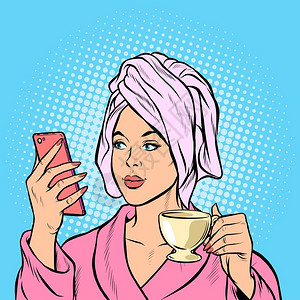 流行艺术回放矢量图画妇女早上洗手间咖啡智能机图片