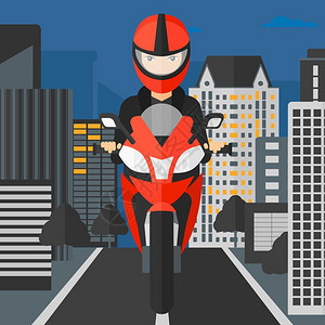 一名妇女骑摩托车在夜间城市里穿梭卡通矢量插画图片
