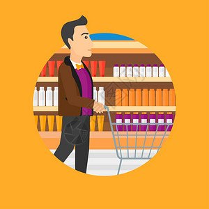loft过道在超市用购物车采购的男青年卡通矢量插画插画