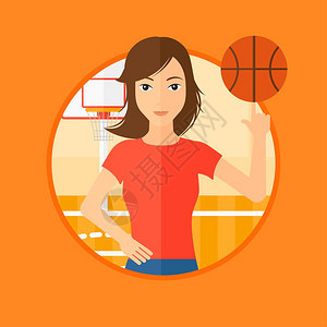 站在篮球场上用手旋转篮球的女篮球运动员卡通矢量插画图片