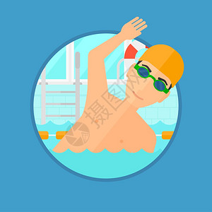 戴着帽子和眼镜的青年运动员在游泳池中游泳卡通矢量插画图片