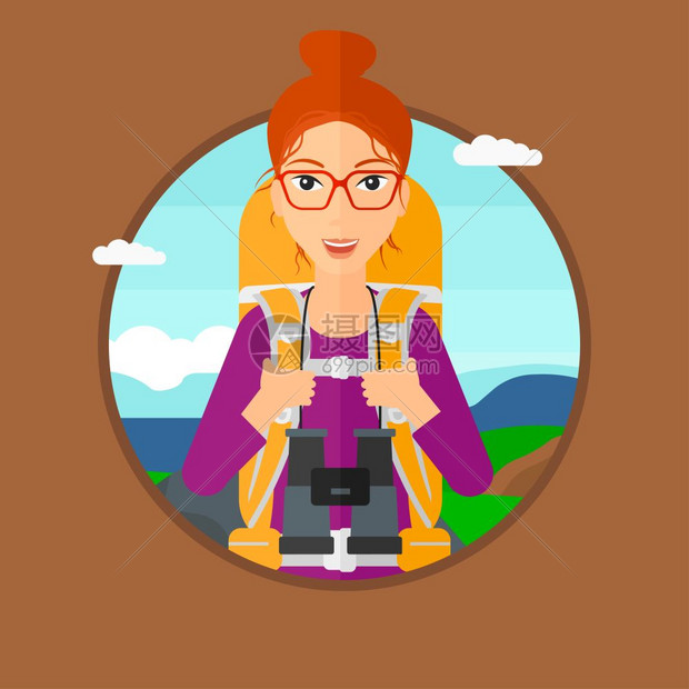 戴着望远镜的年轻女背包客卡通矢量插画