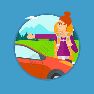 招手搭车在路边搭便车的年轻女子圆圈矢量图插画