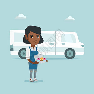 年轻的非洲面包师站在送货卡车的背景上女面包师拿着纸杯蛋糕微笑的面包师送蛋糕矢量漫画插图广场布局年轻的非洲美国面包师送蛋糕图片