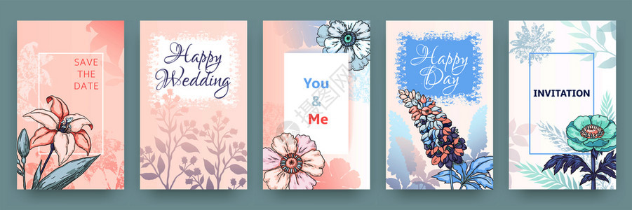 手绘时装夏季鲜花植物宴会或婚礼邀请矢量模板图片