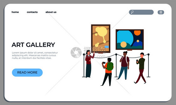参观者步行和看绘画艺术作品网站矢量现代多彩当艺术展览网页艺术作品着陆网页观众步行和看绘画艺术作品网站矢量当代艺术展览网页图片