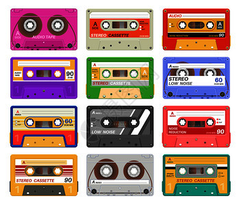 各种彩色音乐磁带不同彩色音乐磁带旧式录音90年代学校录制技术老式媒体装置病过时设备录制音响装置盒式录音带旧学校录制技术老式媒体装图片