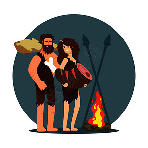 男女原始人篝火做饭矢量插图背景图片