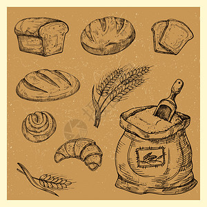 手绘面包卷羊角面包食物矢量插图手画面包卷羊角食物矢量套图图片