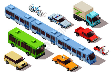 地铁列车公共汽救护出租警车摩托自行3d矢量图图片