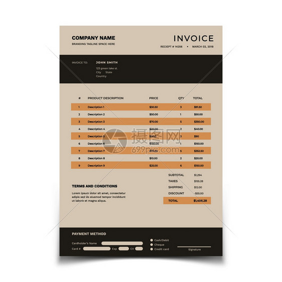 发票模板带有数据表和税收的账单格簿记矢量文件设计发票账户说明财务表格订单图片