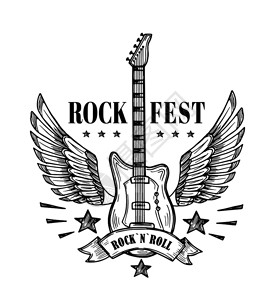 动纹身矢量艺术摇滚吉他配有翅膀插图的节音乐徽章配有翅膀的吉他插画
