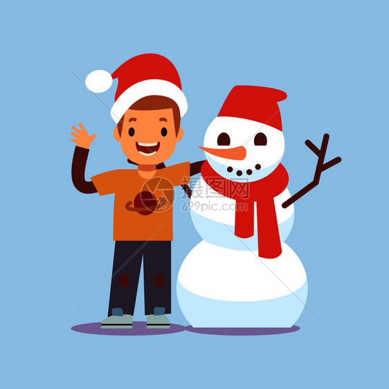 卡通欢乐男孩和雪人圣诞节派对矢量插图图片
