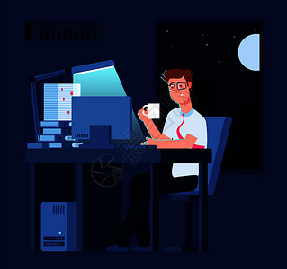 晚上在卧室晚上在办公室工作的男人插画
