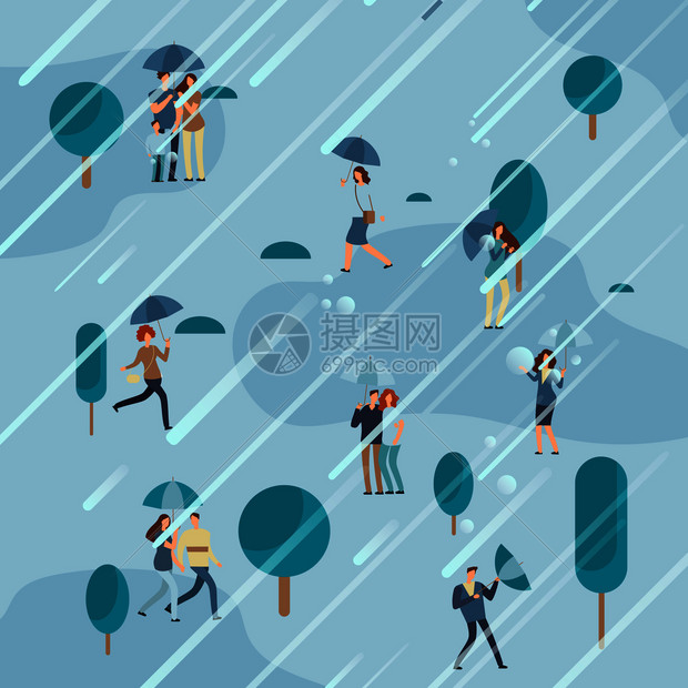 在公园里下雨天打伞的人们矢量插图图片