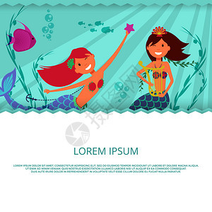 卡通海底世界美人鱼矢量插画海报模板图片