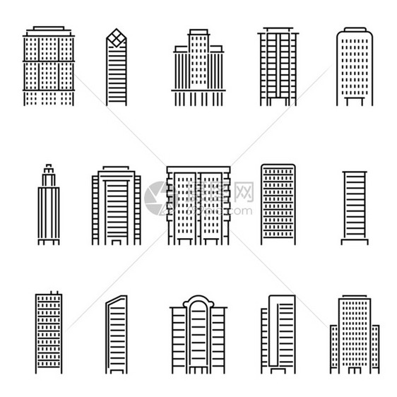 建筑住宅办公室摩天大楼单线矢量图图片