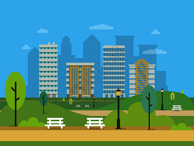 城市景观包括各种建筑和绿色中央公园现代城市矢量插画图片