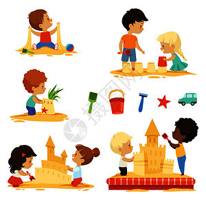 卡通可爱儿童在海边沙滩上快乐玩耍图片