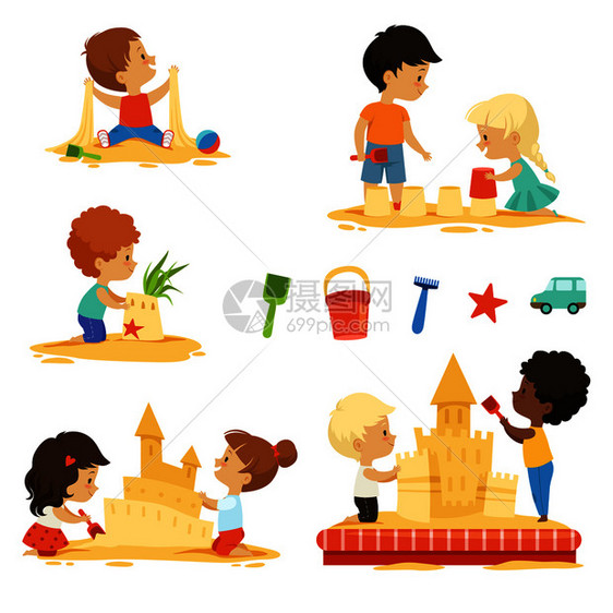 卡通可爱儿童在海边沙滩上快乐玩耍图片