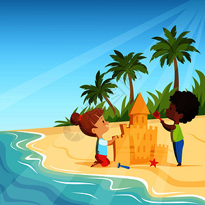 夏季孩子在海滩快乐的玩沙堡游戏矢量插图图片