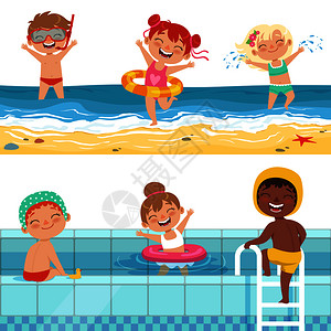 夏季海滩上的儿童和游泳池游泳的孩子矢量漫画插图背景图片