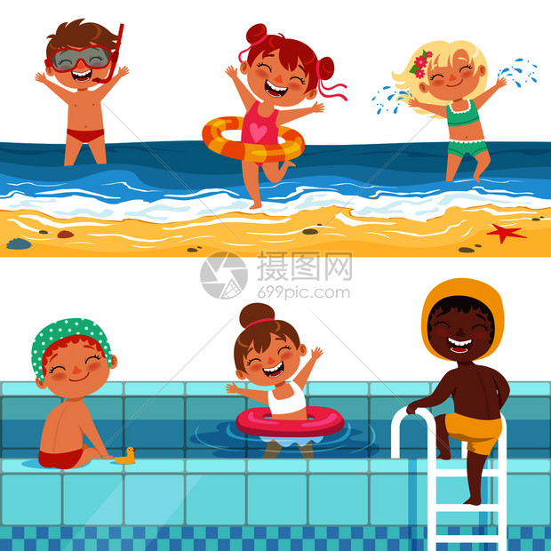 夏季海滩上的儿童和游泳池游泳的孩子矢量漫画插图图片