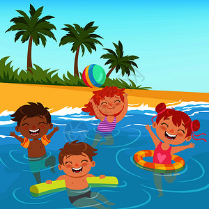 夏季海滩带绿色棕榈海里快乐游泳的孩子背景插图图片
