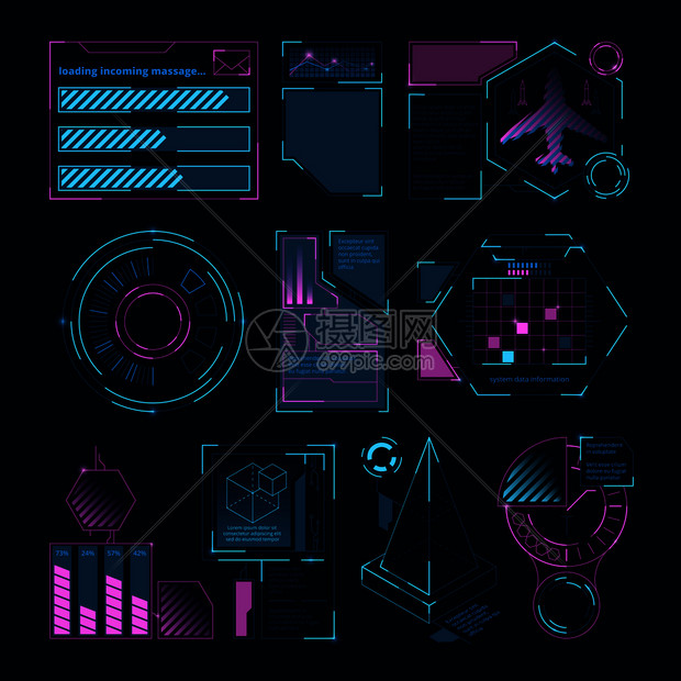 用于网络界面的数字化未来要素hud显示技术数字未来仪表板互动矢量说明数字未来要素用于网络界面显示图片