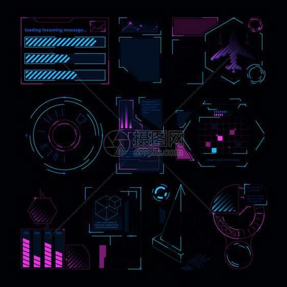 用于网络界面的数字化未来要素hud显示技术数字未来仪表板互动矢量说明数字未来要素用于网络界面显示图片