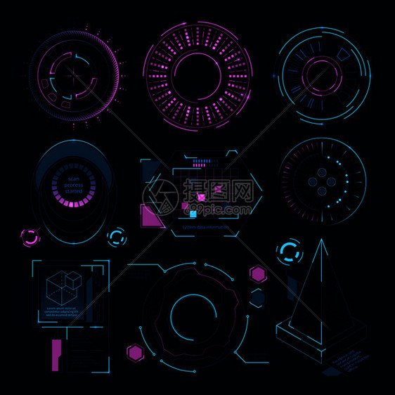 数字网络界面的圆形未来状hudscif符号可视化技术数据全息图仪表gui进程矢量说明符号图片