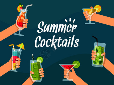 夏季各种健康果汁饮料和鸡尾酒的背景插图图片