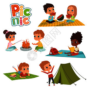 夏季孩子们午餐露营矢量图图片