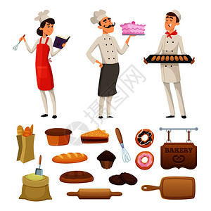 从事工作的男女面包师不同姿势的人物烹饪业糕饼和面包矢量图图片