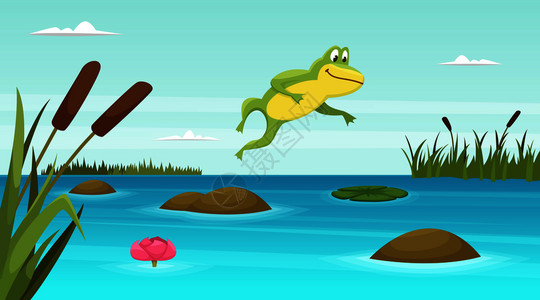 青蛙在池塘中跳跃扁平风卡通矢量插画背景图片