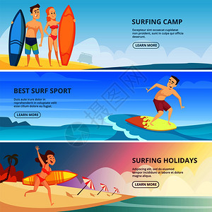 带有冲浪板的沙滩男人和女人冲浪海报矢量设计模板图片