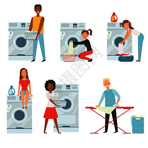 洗衣服熨衣服的年轻男女扁平风卡通矢量插画图片