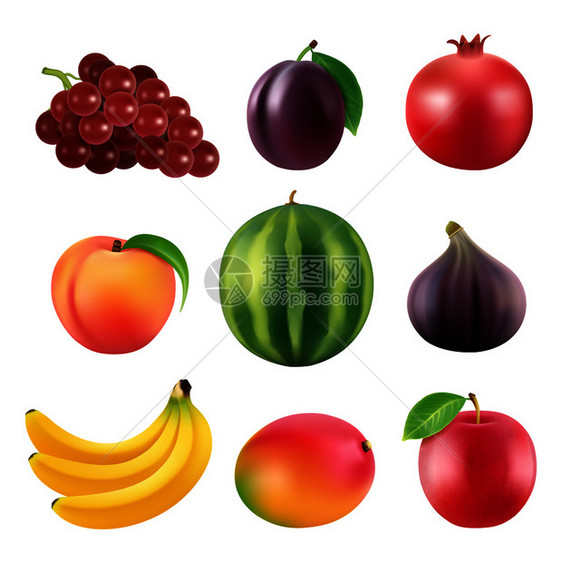 各种水果葡萄和无花果西瓜芒果矢量插图图片